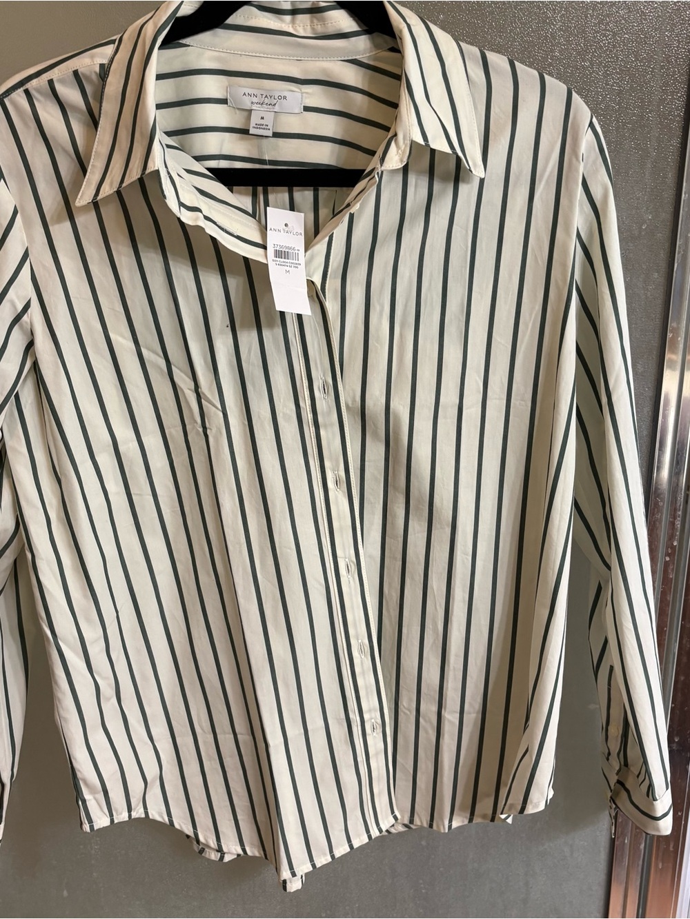 Ann Taylor Cream Shirt with Green Vertical Stripes